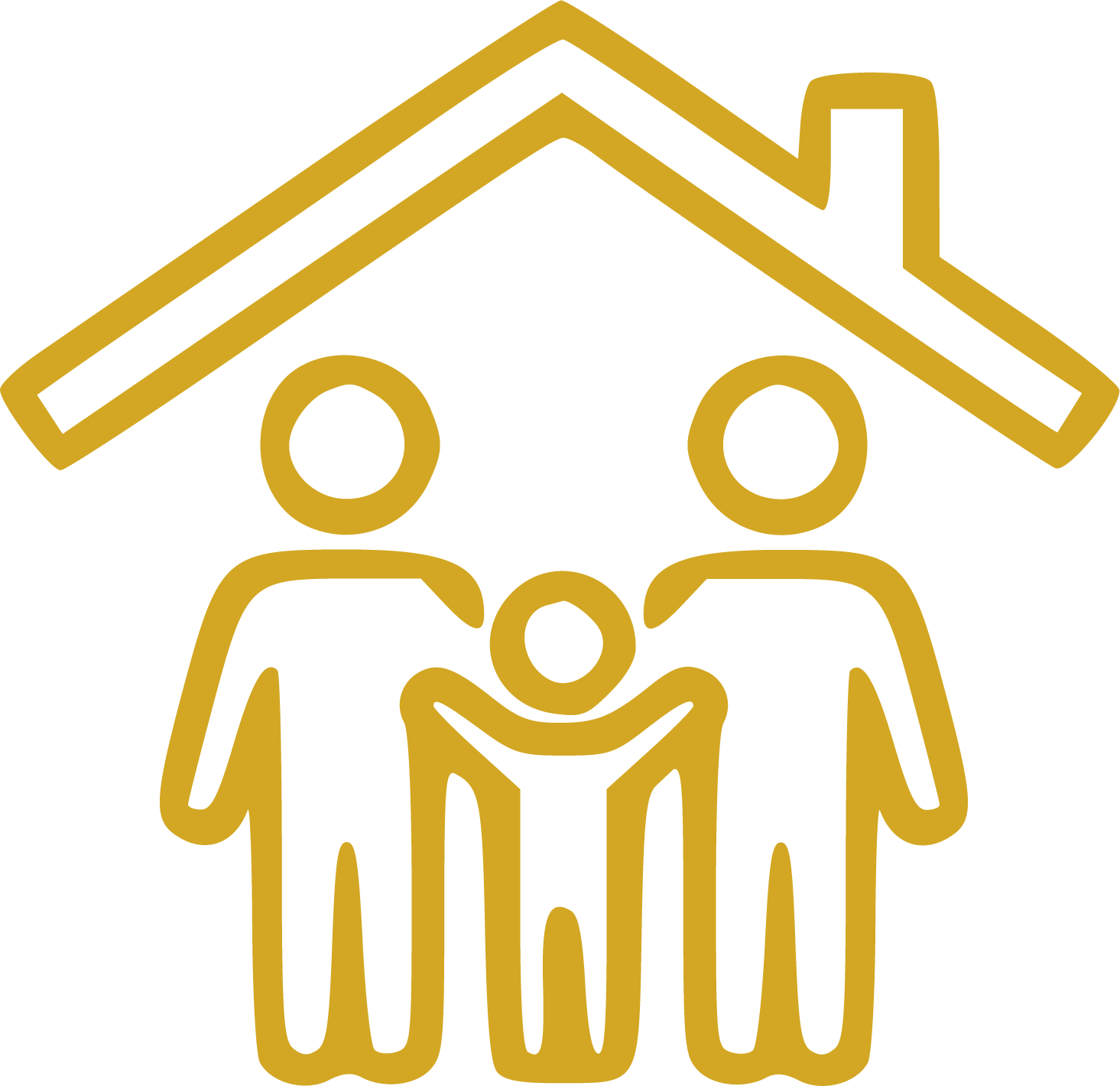 Outline icon of two adults, a child, and a baby under a roof, representing family or home.