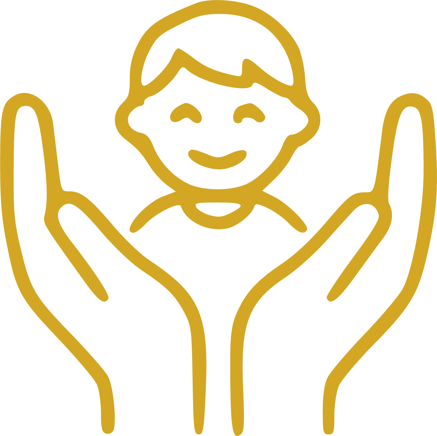 Line drawing of a smiling person with short hair, encased within open hands.