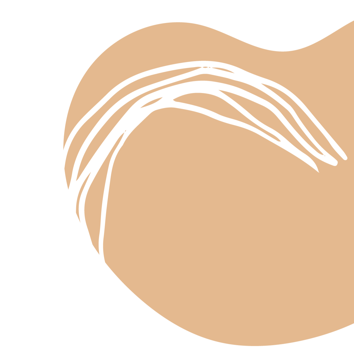 Abstract illustration of a person's shoulder with white hair and a tan skin tone, on a black background.