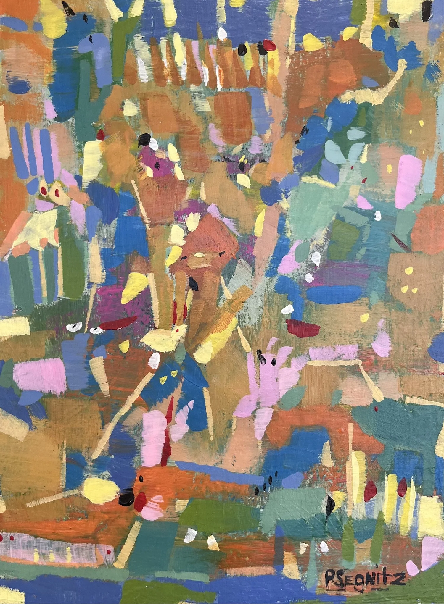 Abstract painting in yellows, pinks, blues and oranges