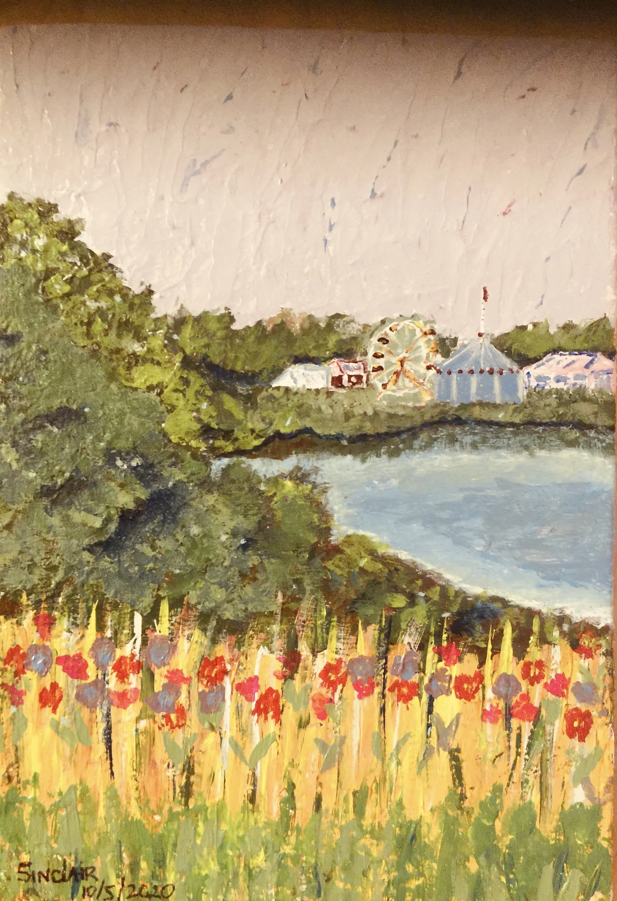 Colorful painting of Oaks Park in Portland, Oregon, with flowers in foreground and amusement park in the background.