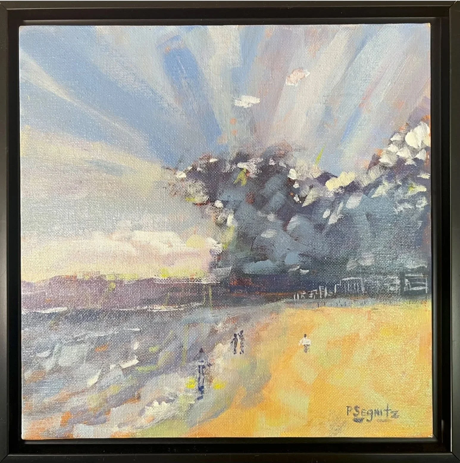 Shore painting of a dramatic sky over the beach