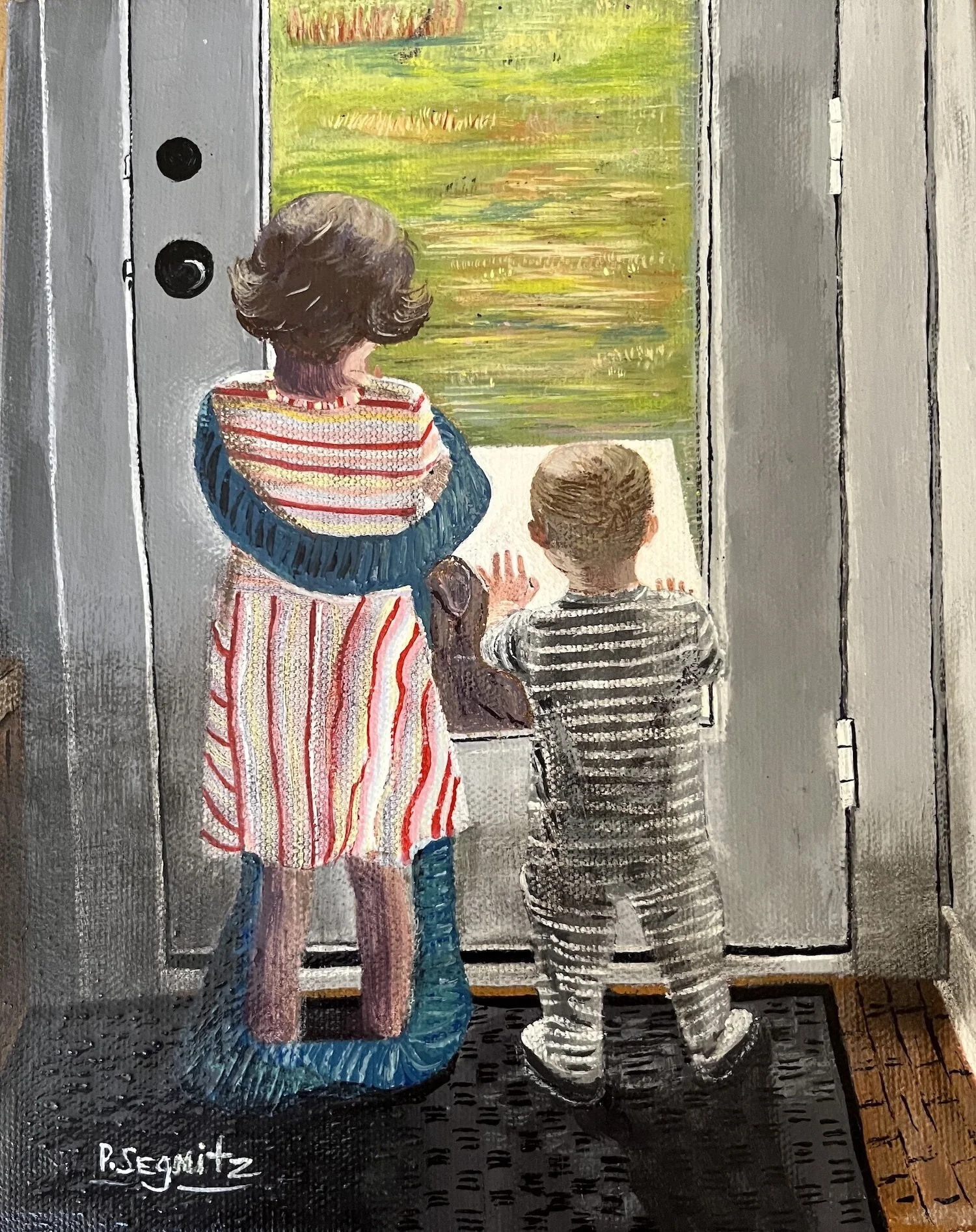 Painting of two children looking out a screen door window.