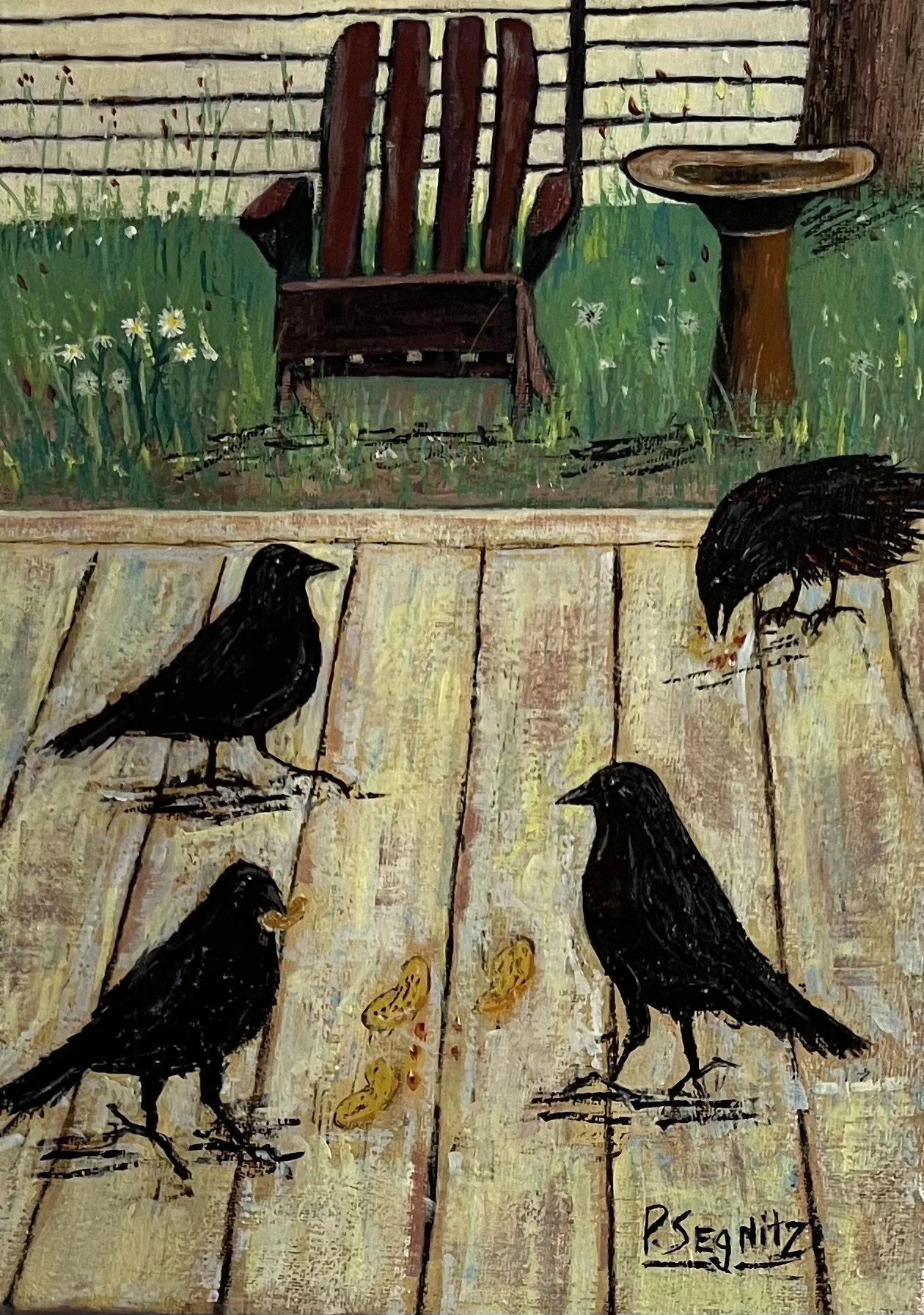 Painting of black crows in a backyard 