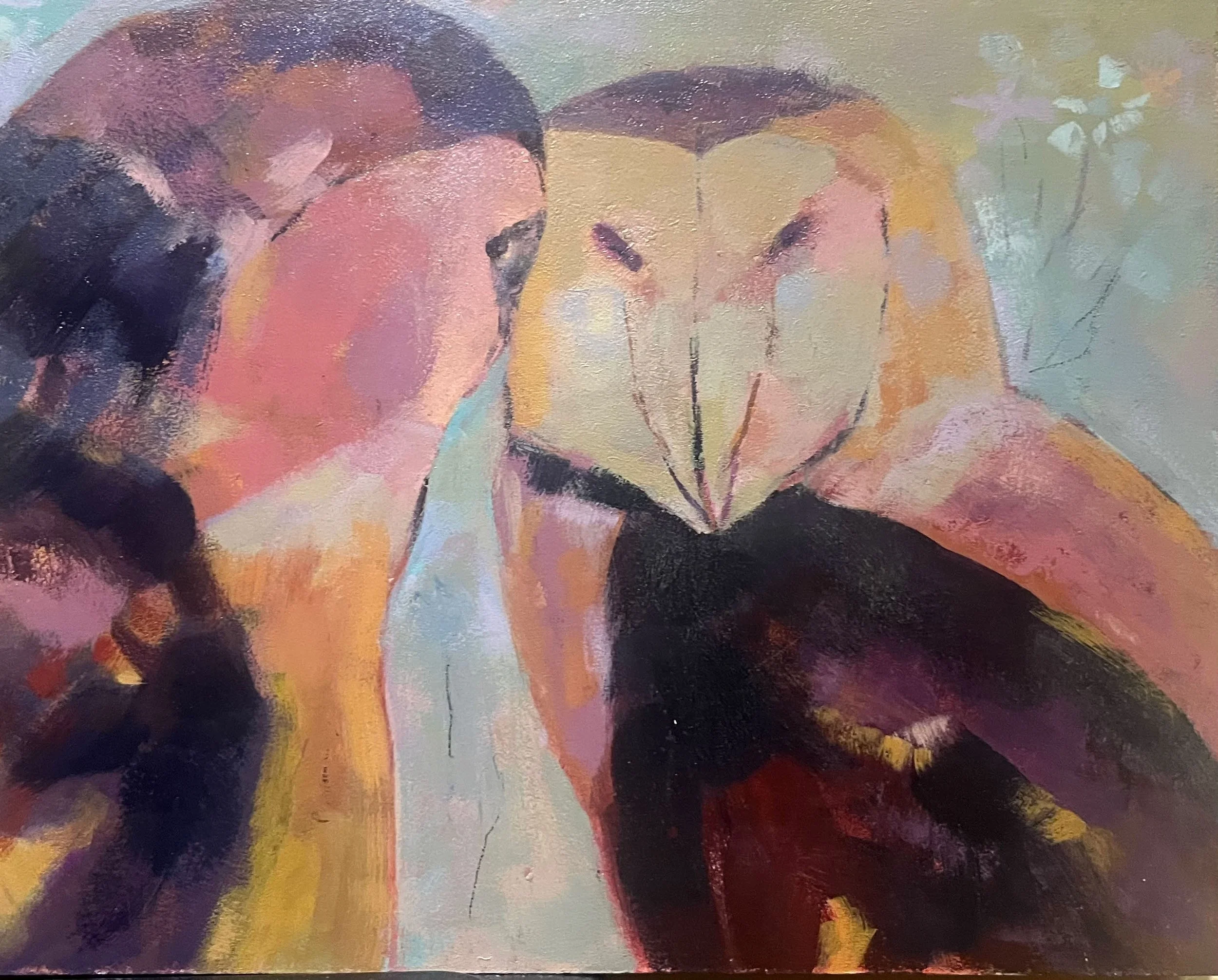 Painting of two owls nuzzling