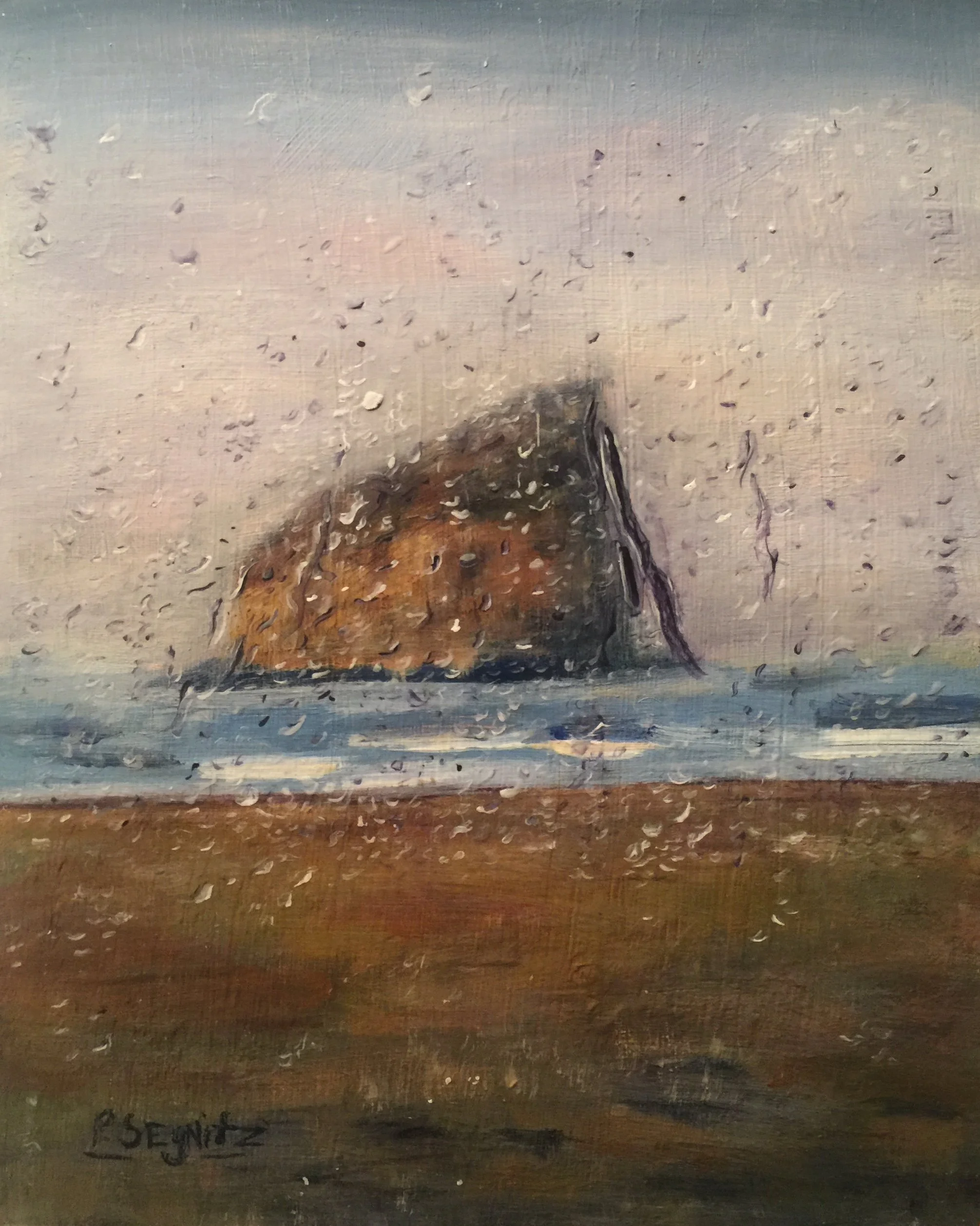 Impressionistic painting of Haystack Rock on the Oregon Coast, framed through a rain-streaked window.