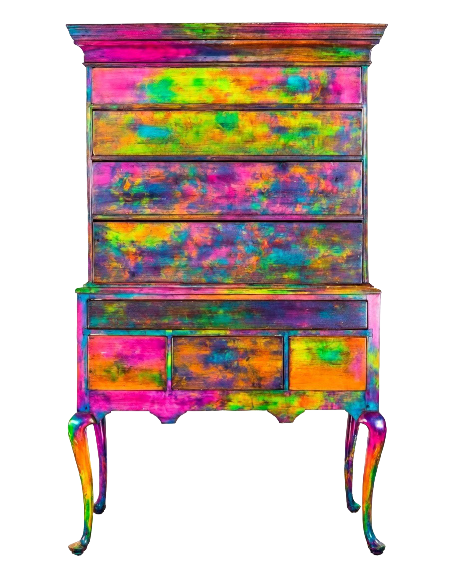Colorful painted antique highboy with curved legs and multiple drawers.
