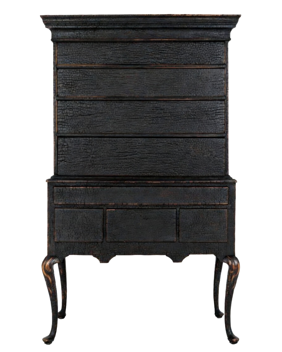 A black burned, vintage wooden highboy with a cracked, textured surface and ornate curved legs.