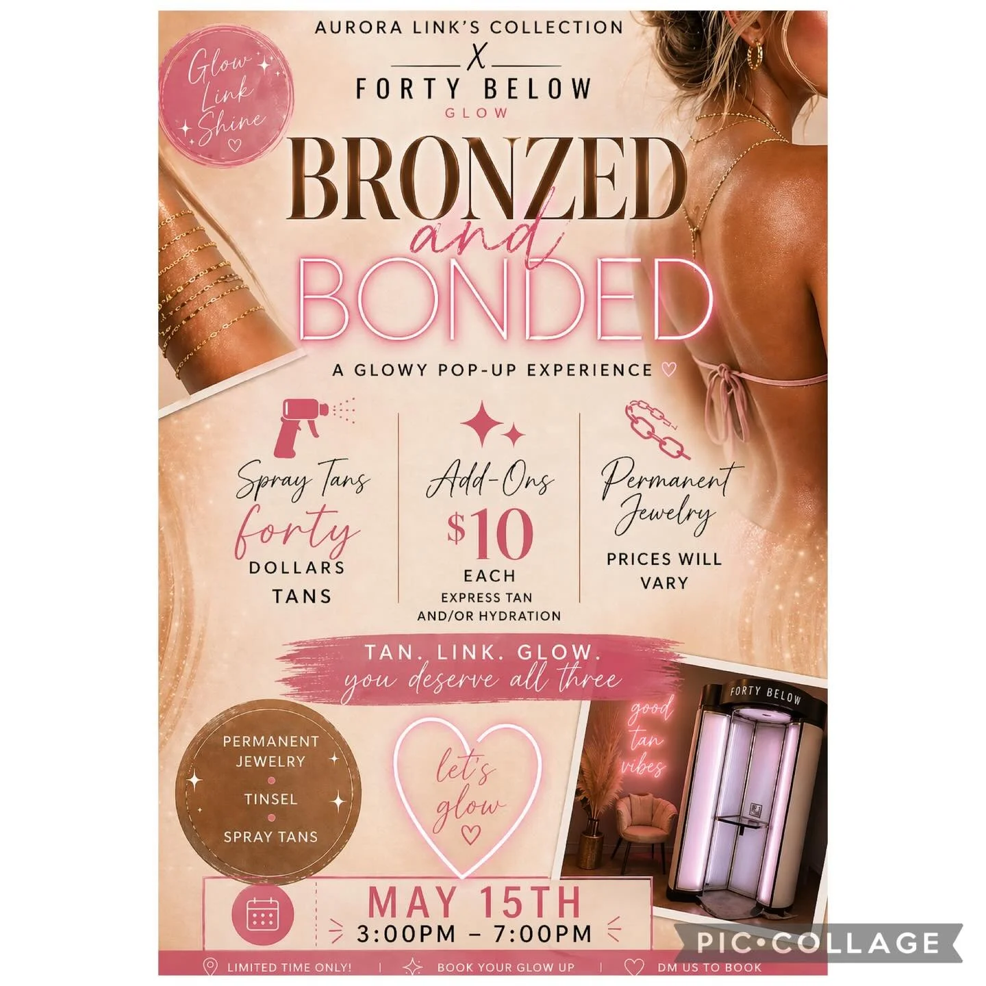 We are so excited to host our next pop-up + collab ✨

&bull;May 15th 3:00-7:00 @aurorahairstudio_fbx 

Get a jump start on your summer glow with a spray tan by @forty_below_glow , and get your permanent jewelry designed to last through all your campi