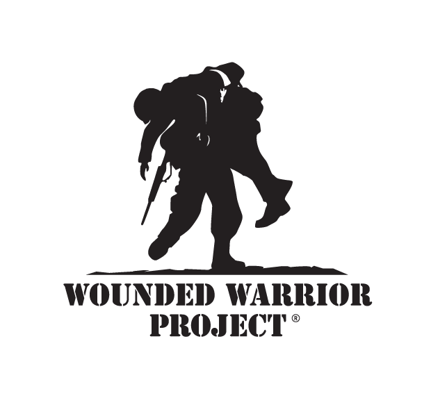 Silhouette of a soldier carrying another wounded soldier, with the text "Wounded Warrior Project" underneath.