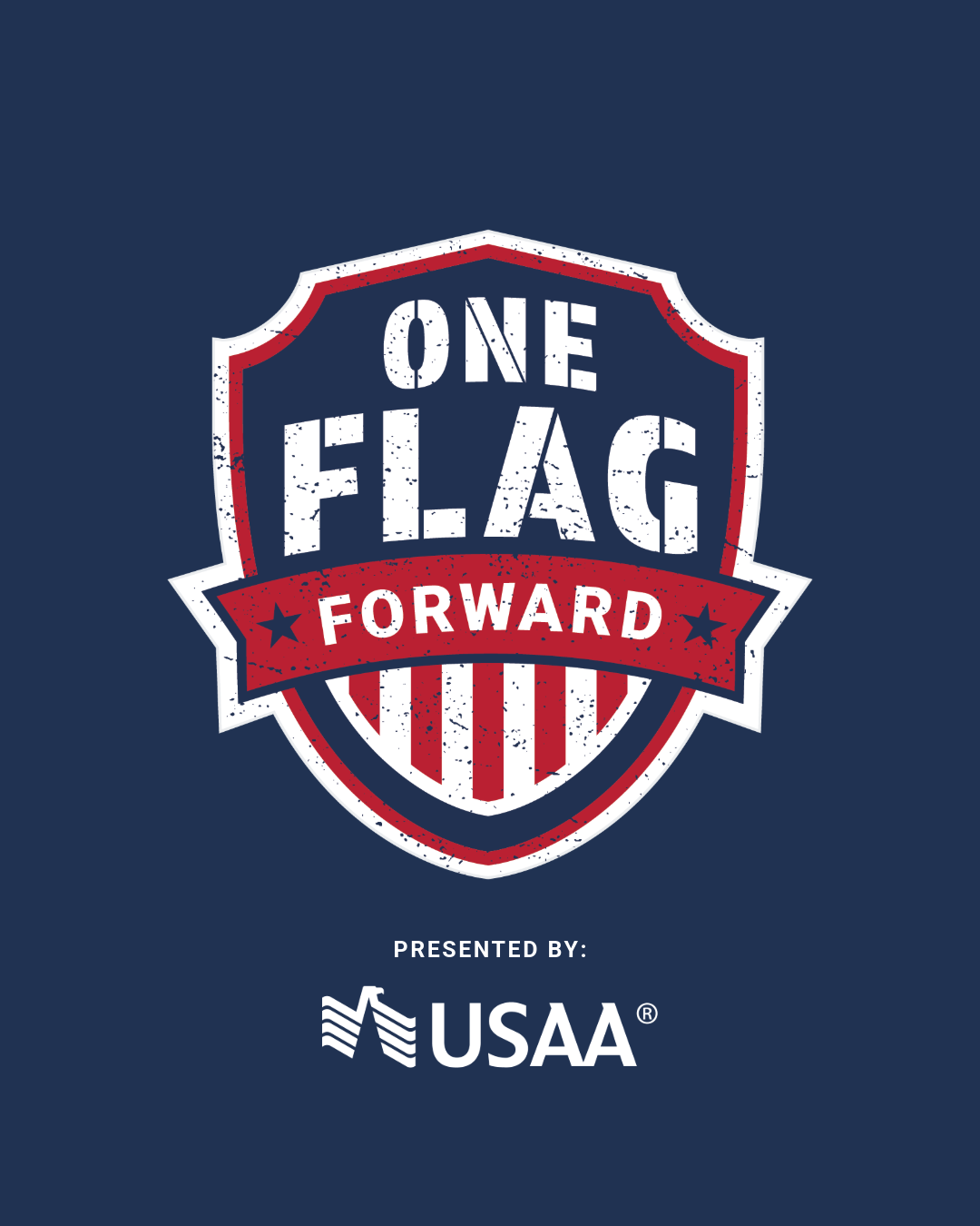 A badge-shaped graphic with a patriotic design, featuring the words "One Flag Forward" and the USAA logo below, on a dark blue background.