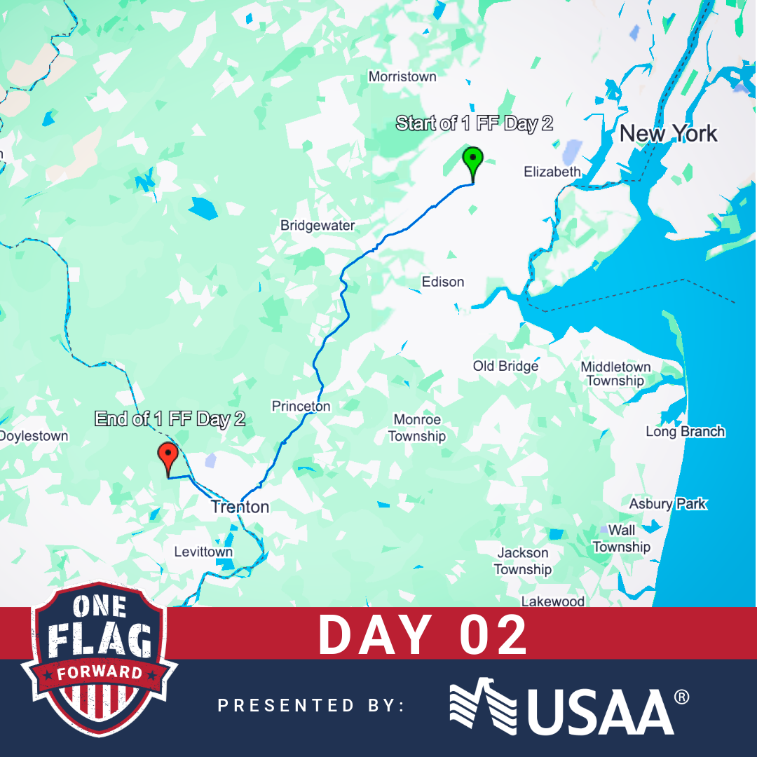 Map showing a route from the start of 1 FF Day 2 near Elizabeth to the end of 1 FF Day 2 in Trenton, with various towns and waterways labeled, and USAA branding at the bottom indicating Day 02 of a journey or event.