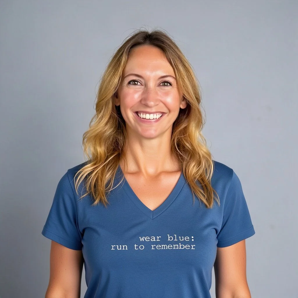 A woman with blonde hair wearing a blue V-neck shirt smiling against a gray background.