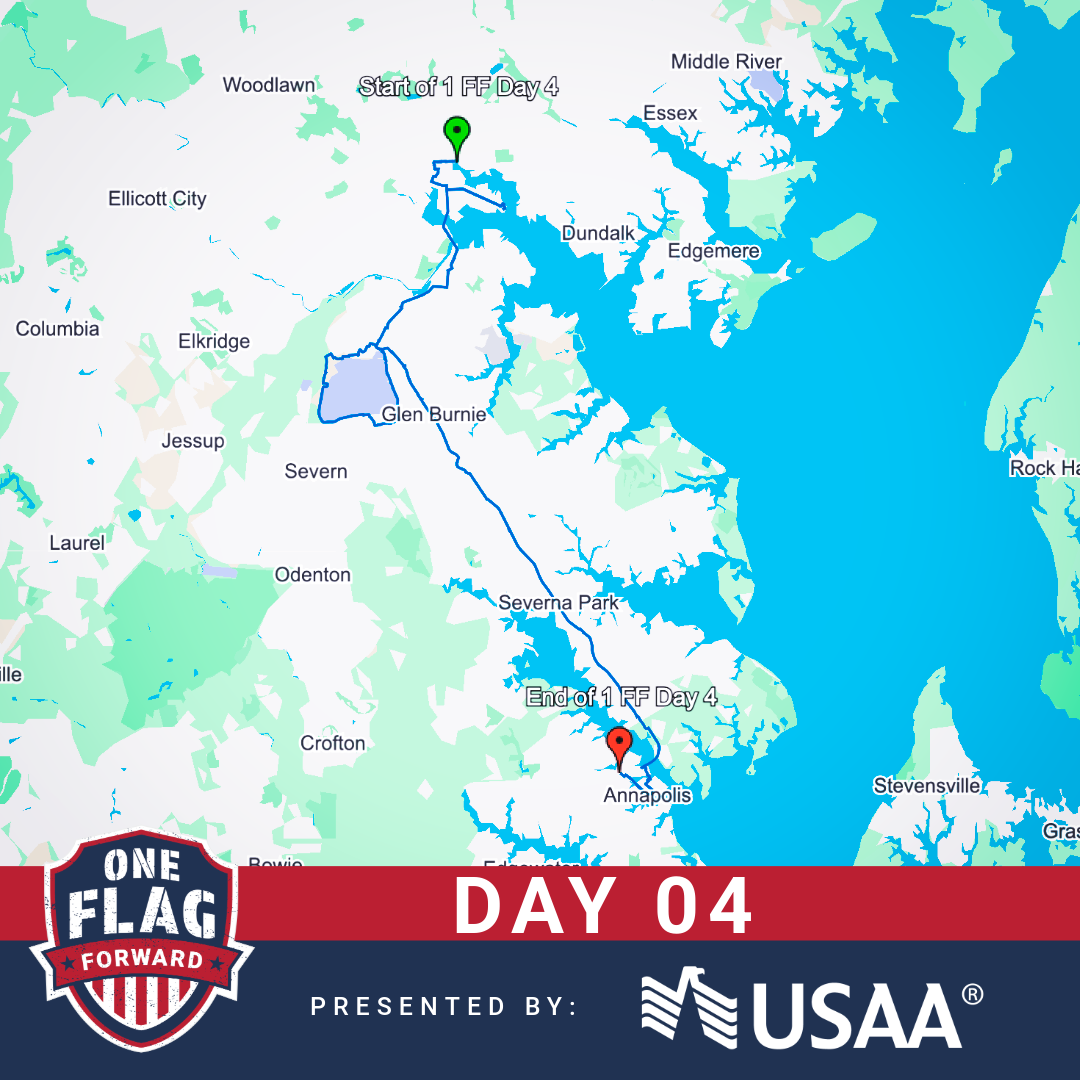 Map showing a route for a 4-day event called 'One Flag Forward,' sponsored by USAA, starting near Woodstock, Maryland, heading south to Annapolis, Maryland, with marked start and end points on Day 4.