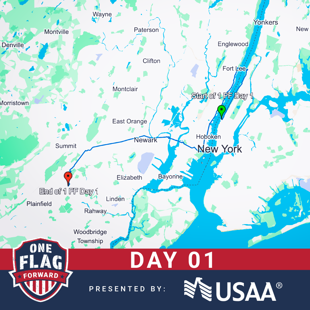 Map showing a route from northern New Jersey to western New York, marking start and end points for Day 1 of a cross-country event, presented by USAA.