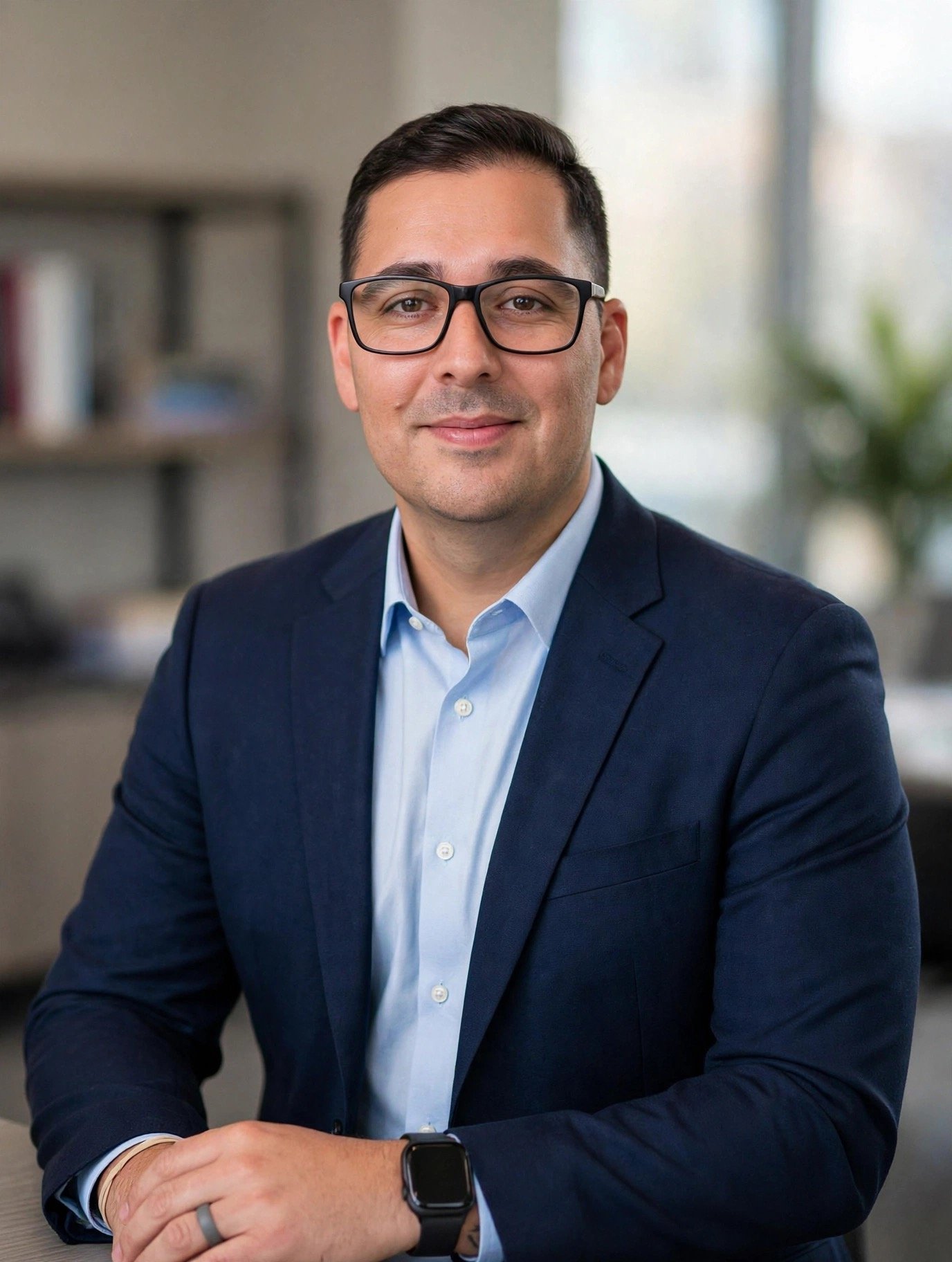 A man with short dark hair, glasses, and a slight smile, wearing a navy blue blazer and a light blue shirt, sitting at a table with his hands folded. The background includes bookshelves and a window, in an office setting.