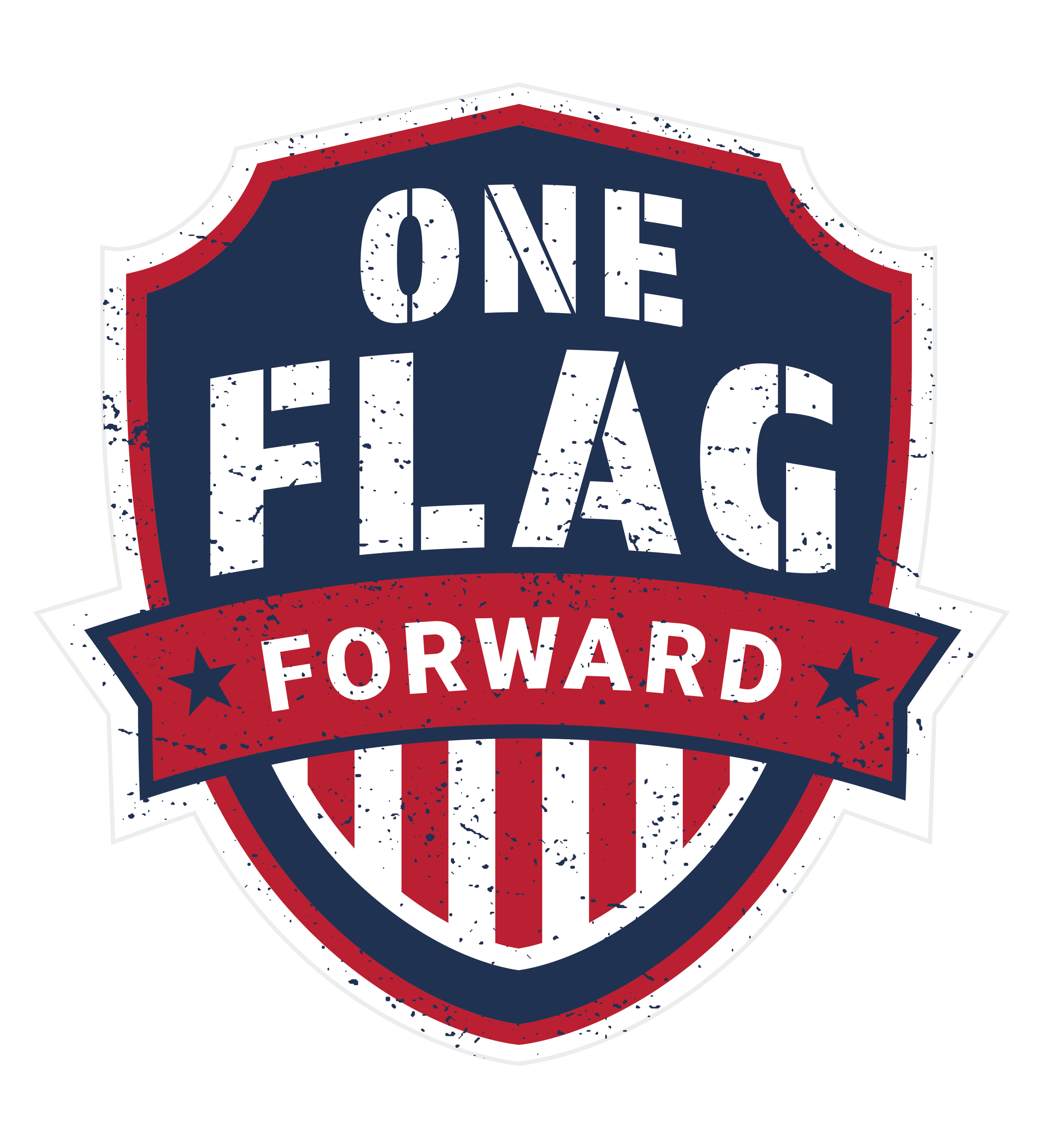 Patriotic badge featuring the words "One Flag" in large white distressed letters and "Forward" in smaller white letters, with a red, white, and blue color scheme and star accents.