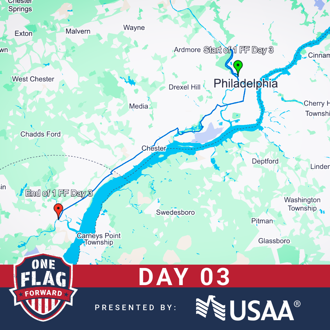 Map showing the route of a three-day outdoor activity in Philadelphia, from start to end points, with USAA branding and 'ONE FLAG FORWARD' logo.