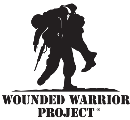 Silhouette of a soldier carrying another wounded soldier, with the text "Wounded Warrior Project" underneath.
