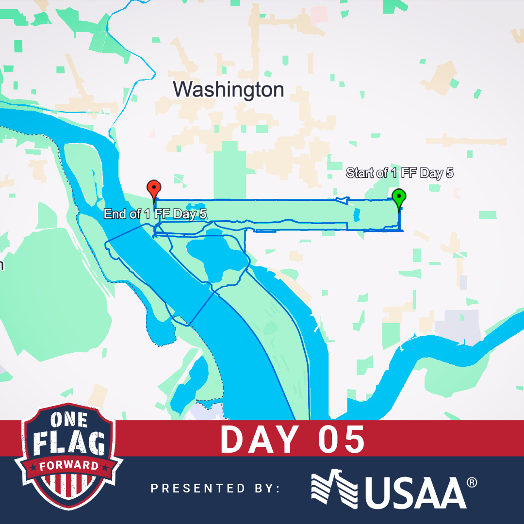 Map showing a route starting and ending near Washington, D.C., with the route highlighted in blue, and labels indicating start and end points for Day 5 of an event.
