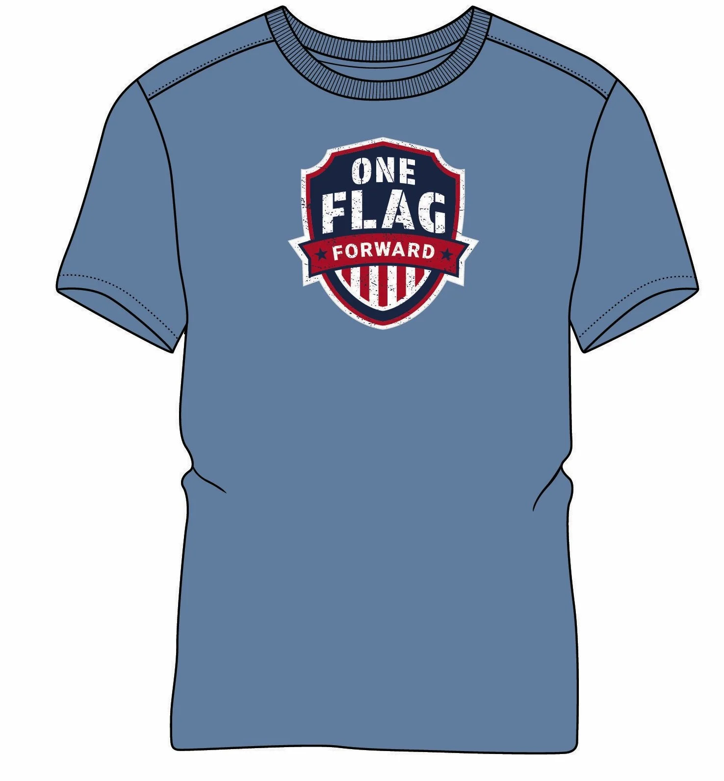 A blue t-shirt with a badge design on the chest that reads 'One Flag Forward,' featuring red, white, and blue colors and a shield shape.