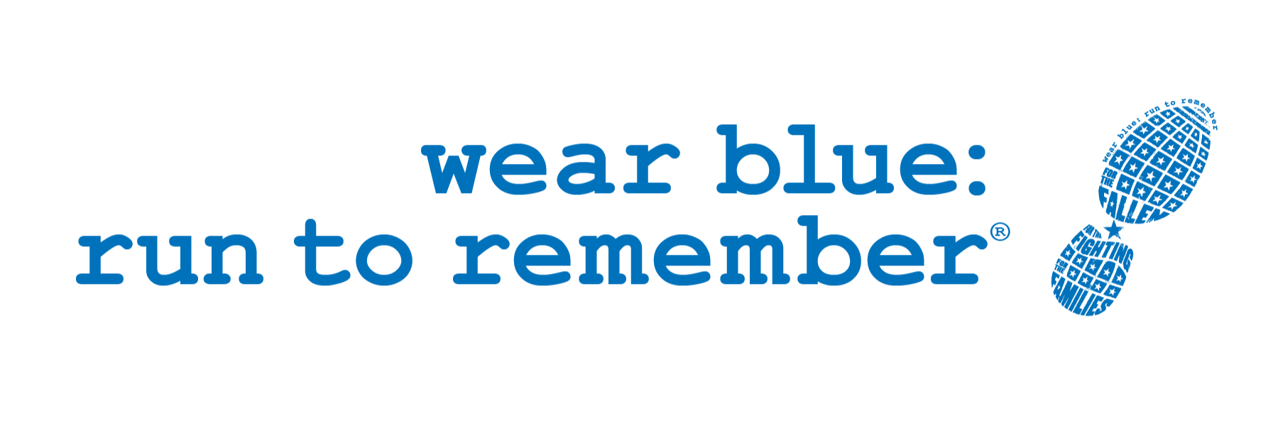 A logo that encourages wearing blue to remember. The logo features the message 'wear blue: run to remember' in blue text, with a footprint made of a mosaic of smaller blue squares to the right.