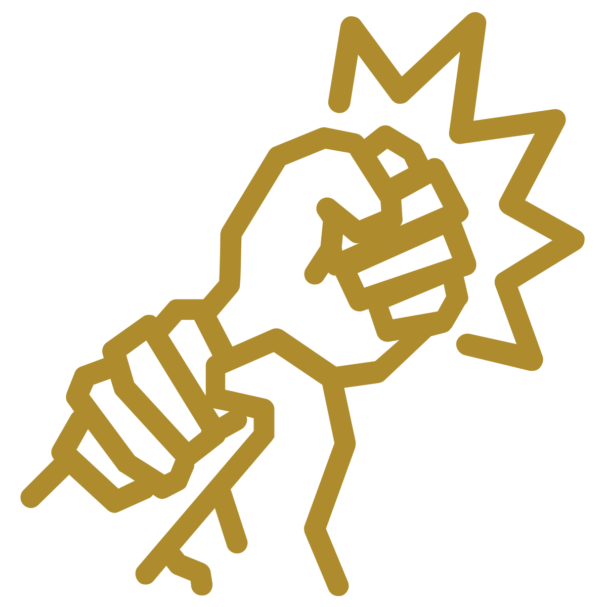 A stylized line drawing of a person with sunglasses, flexing their arm, with a comic-style burst behind their head.