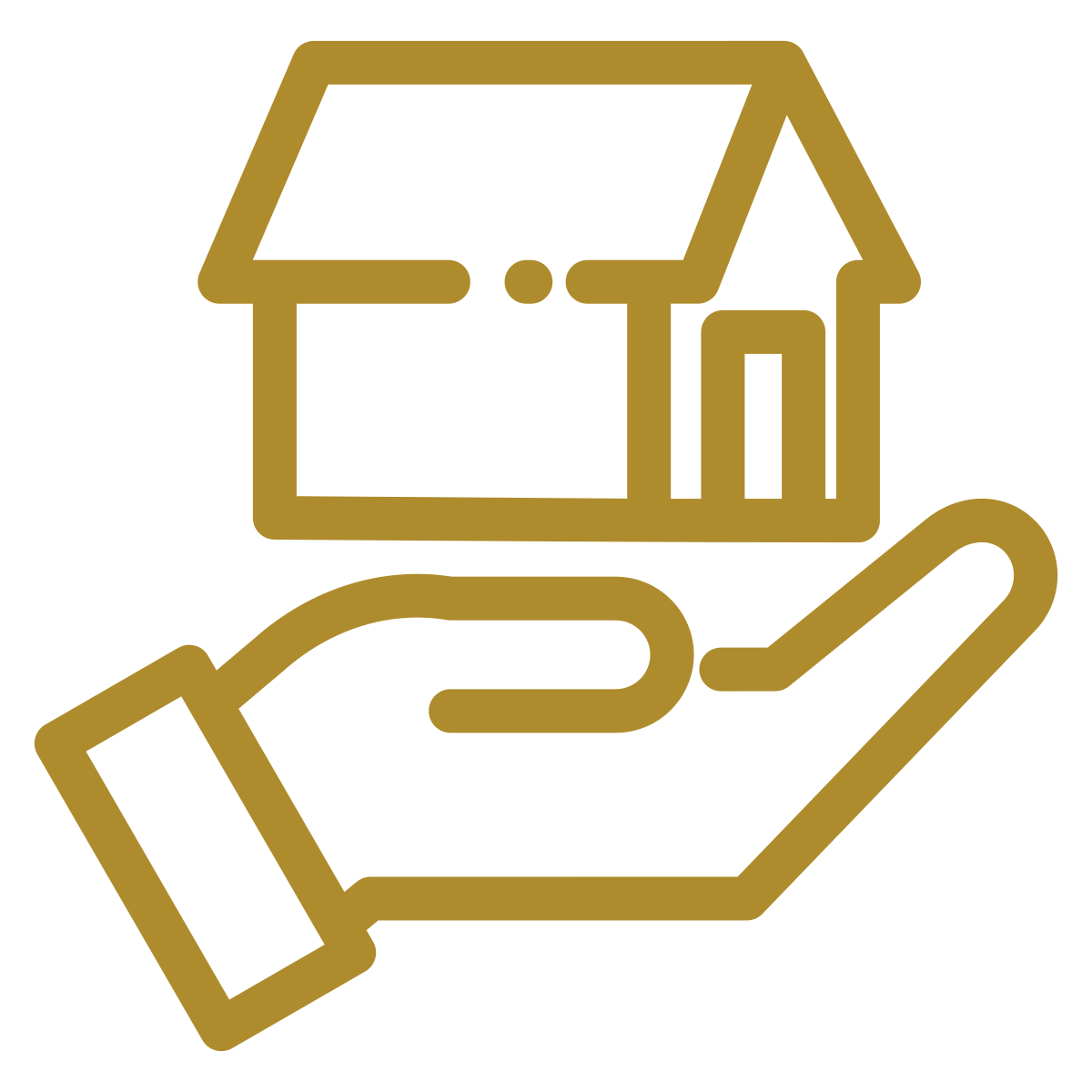 Golden outline of a hand holding a house icon, symbolizing real estate or property ownership.