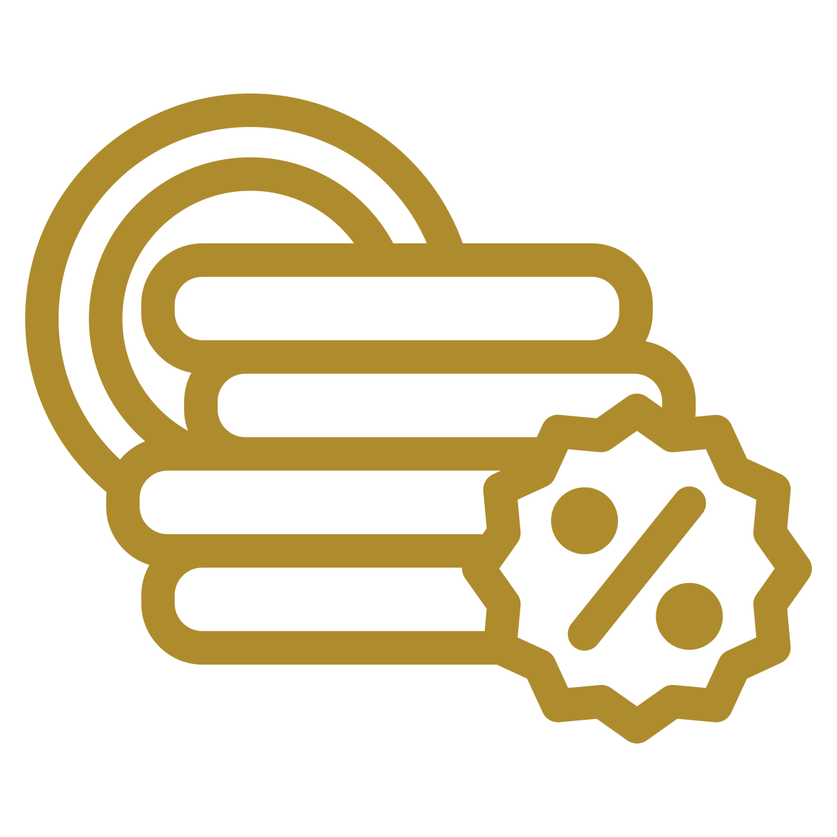 Gold outline icon of a stack of four books with a gear and a discount percentage symbol overlapping the bottom right corner.