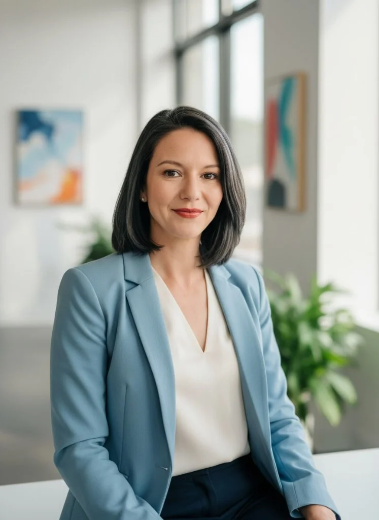 A woman with shoulder-length dark hair and a light blue blazer sitting in a bright office space with abstract artwork and a potted plant in the background.