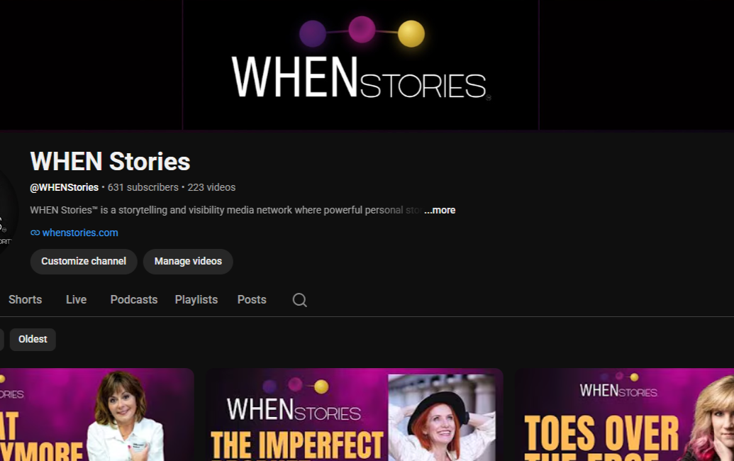 Screenshot of the YouTube channel 'WHEN Stories' with a black background, the channel's logo featuring connected bubbles, and a selection of video thumbnails showing women with various humorous, storytelling titles.