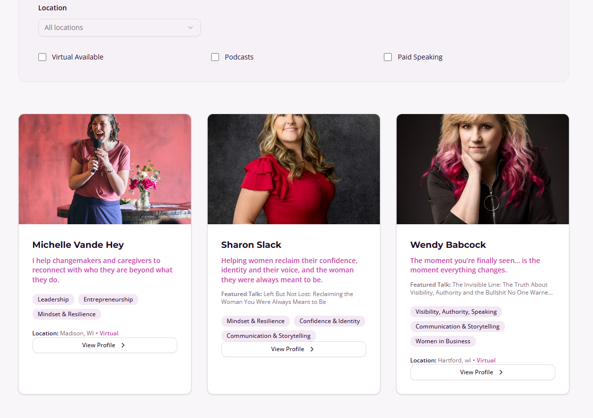 Screenshot of a webpage featuring three women professionals with their names, descriptions, and tags, each labeled as 'View Profile' with a location, two marked as virtual.
