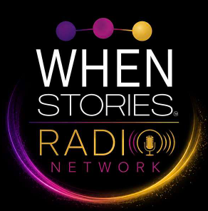 Logo for When Stories Radio Network with purple, pink, and gold circles connected by lines, and a microphone icon with sound waves.