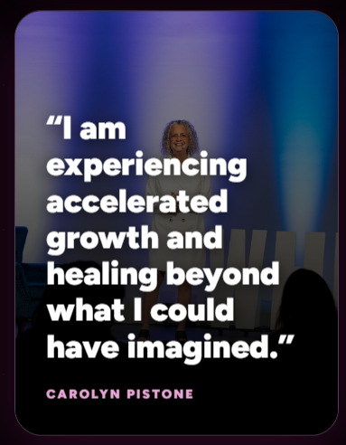 Quote card with a quote by Carolyn Pistone, reading 'I am experiencing accelerated growth and healing beyond what I could have imagined,' with a blurred background and purple accents.
