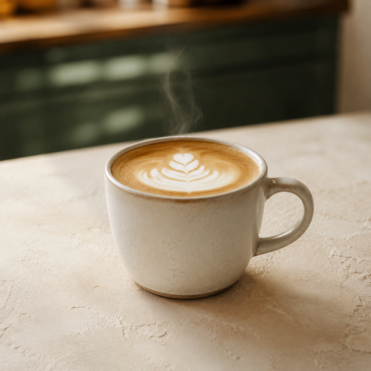 A steaming latte in a cream-colored cup