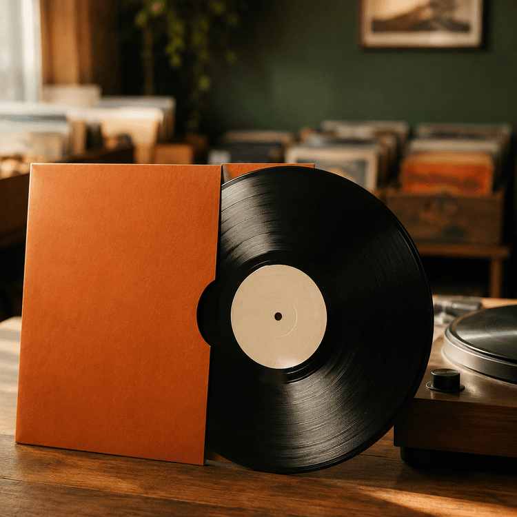 A record being selected beside a turntable