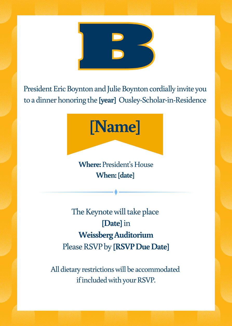 An invitation for the annual Ousley Scholar-in-Residence’s dinner party, made for the president of Beloit College.