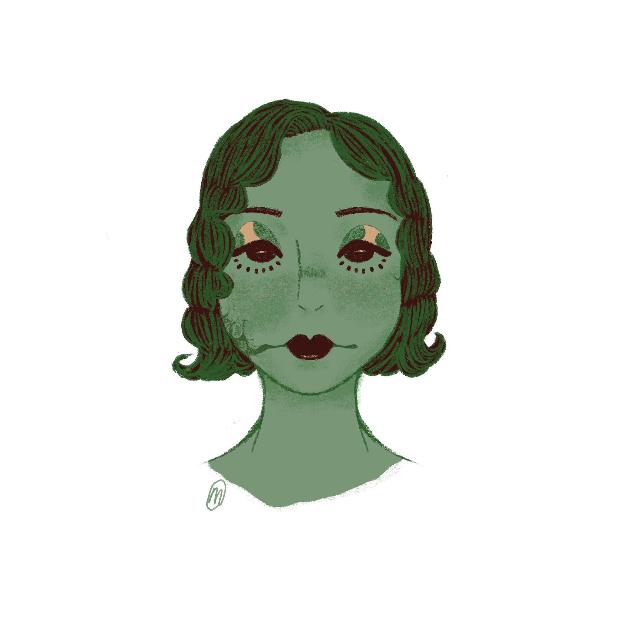 A portrait of one of my original characters, Shelly “Scheele” Greene. Her character is the personification of the lethal pigment of a similar name (Scheele’s Green), hence her green skin.