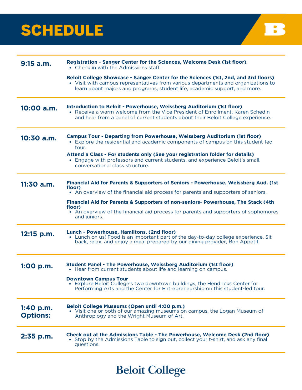 Admissions Open House Event schedule: Back