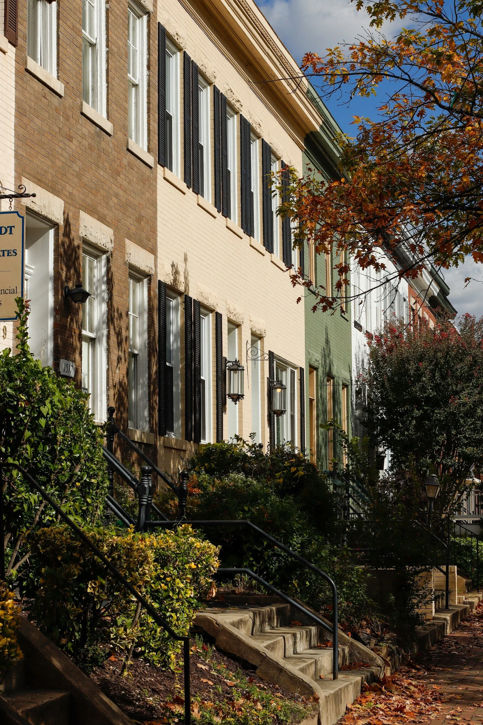 A row of colorful townhouses with steps leading up to the entrances, surrounded by autumn foliage and fallen leaves on the sidewalk.
