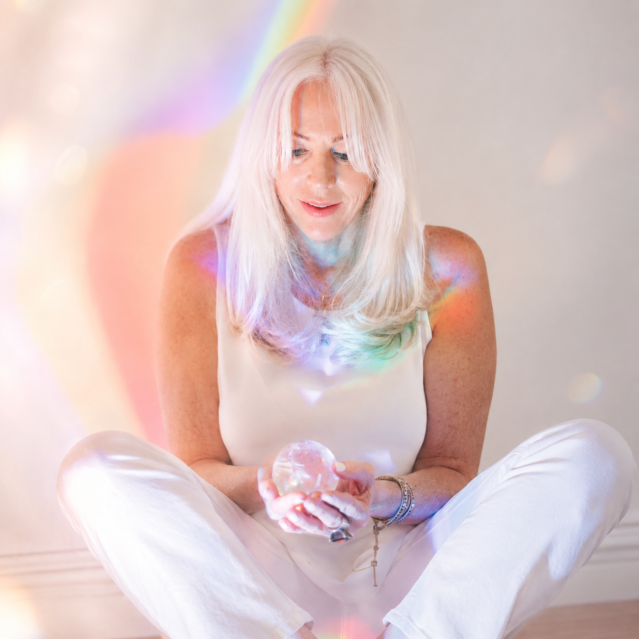 Arden Reece, color mystic and intuitive, sitting cross-legged and holding a glass orb, surrounded by soft rainbow light.
