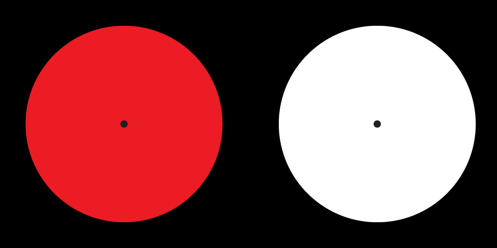 A red circle and a white circle, each with a black center dot, used to demonstrate the visual afterimage effect.