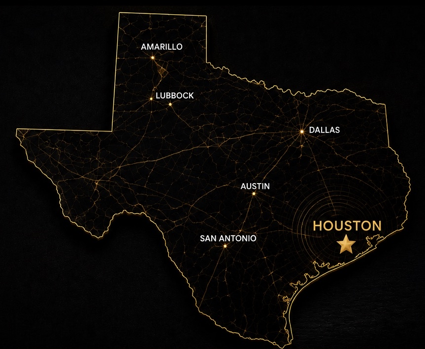 Map of Texas with Houston highlighted