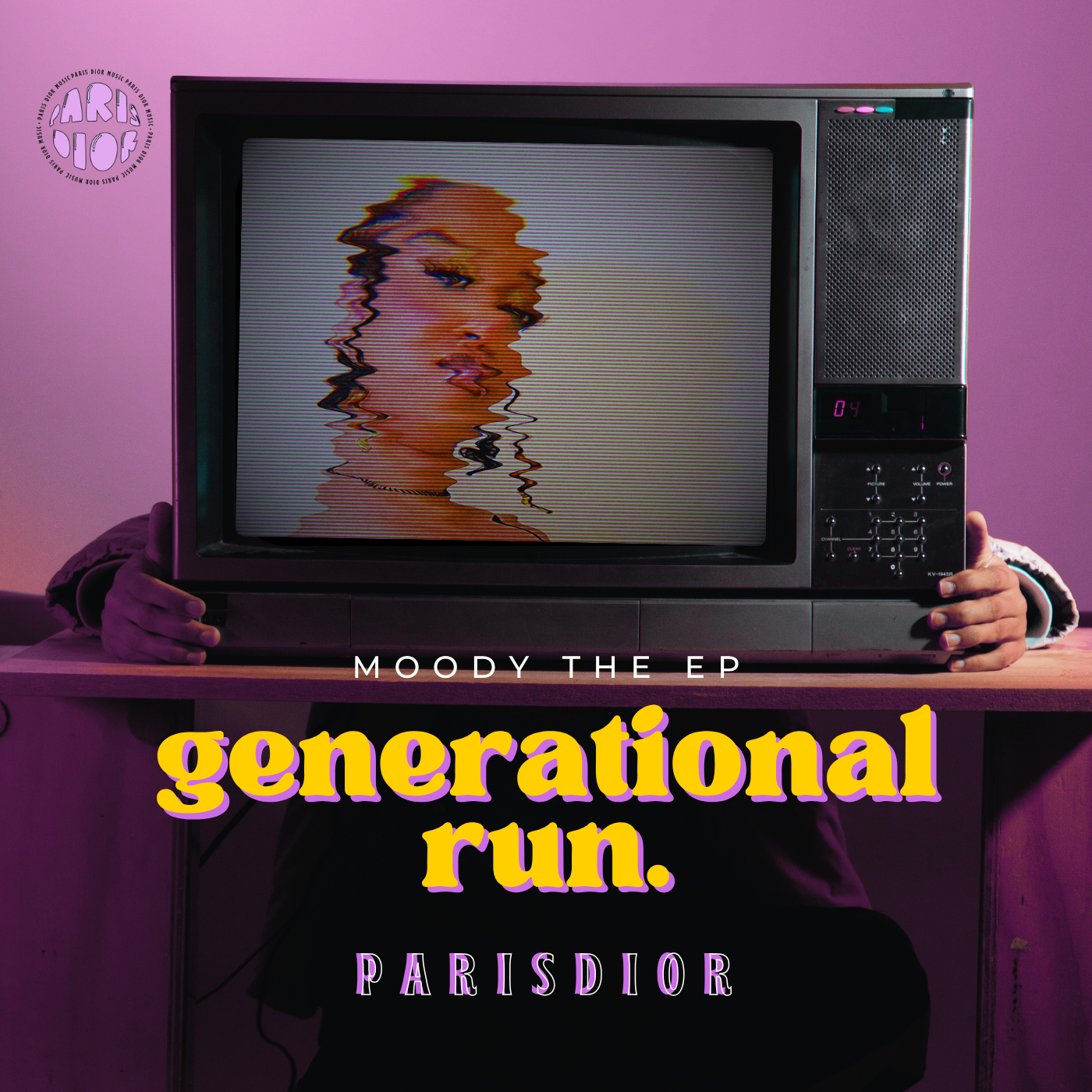 A vintage television displaying a distorted, glitchy image of a woman's face with makeup, sitting on a wooden table against a purple wall. The cover features the text 'MOODY THE EP generational run' with a Paris Dior logo.