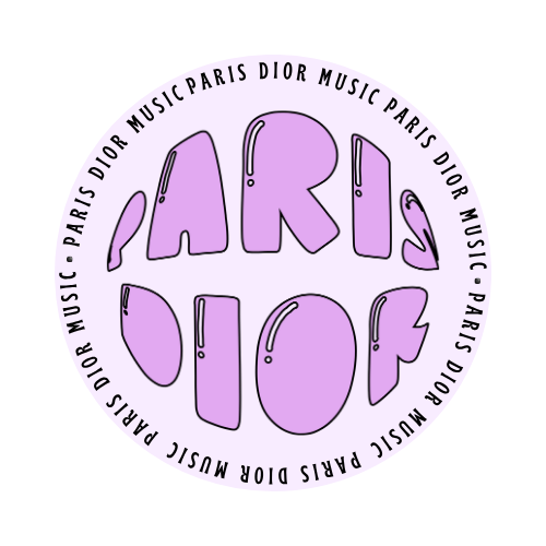 A white circular logo with black text around the edge reading 'PARIS DIOR MUSIC PARIS DIOR MUSIC' and large, stylized purple letters spelling 'PARIS DIOR' in the center.