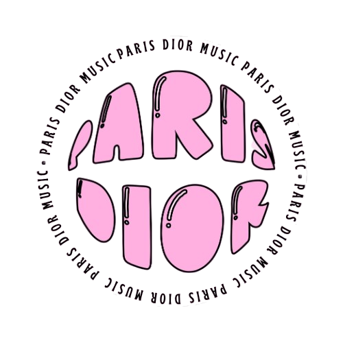 Pink stylized text spelling 'PARIS' in the center, surrounded by the words 'Dior, music, Paris' repeated in a circle on a black background.