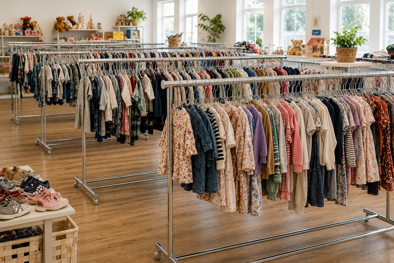 Children's clothing store with racks of colorful kids' clothes, shoes on a small table, and toys and plants in the background.