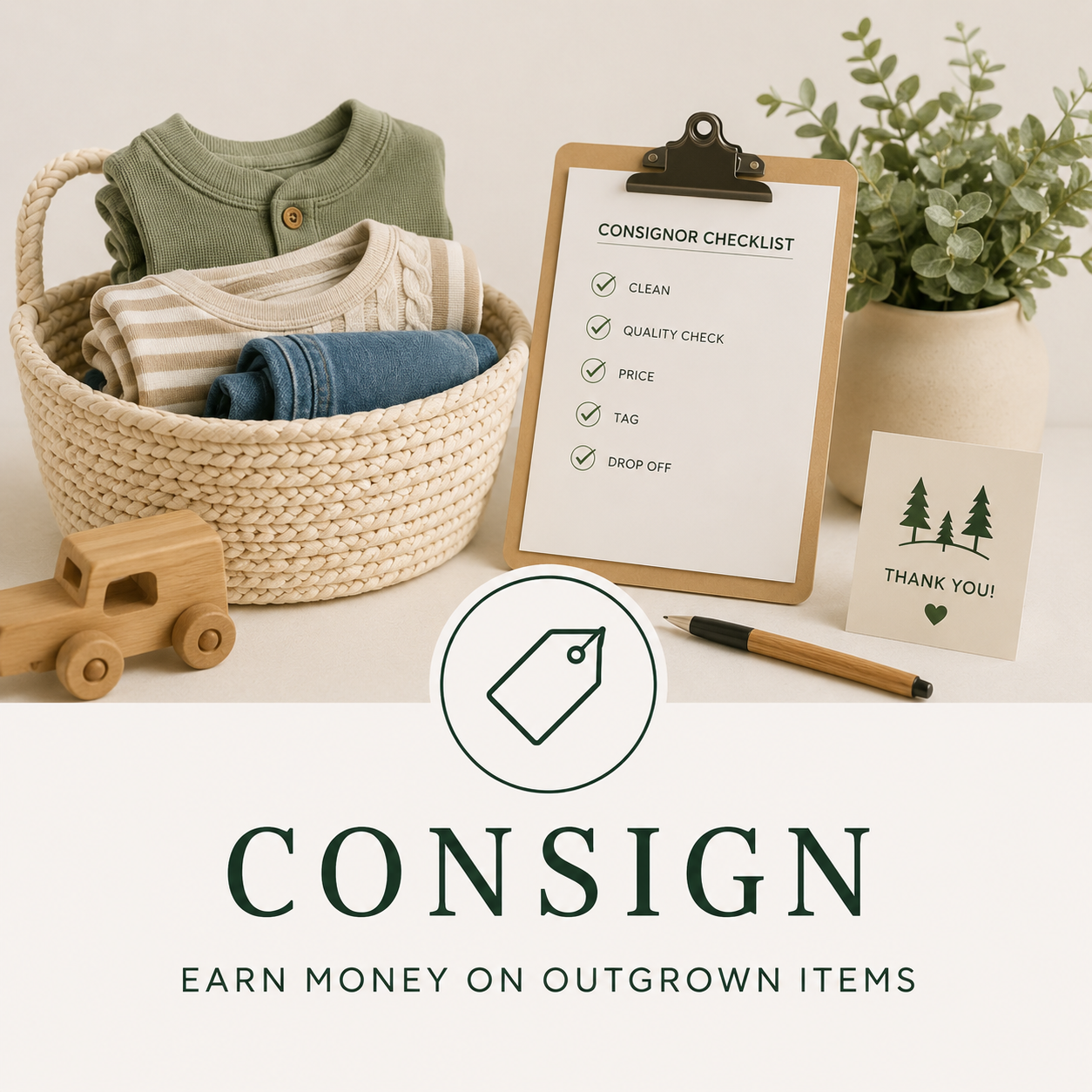 A wicker basket holding folded sweaters in green, beige, and blue. Beside it is a wooden toy truck and a clipboard with a consigner checklist, a pen, a thank you card with trees, and a potted plant.