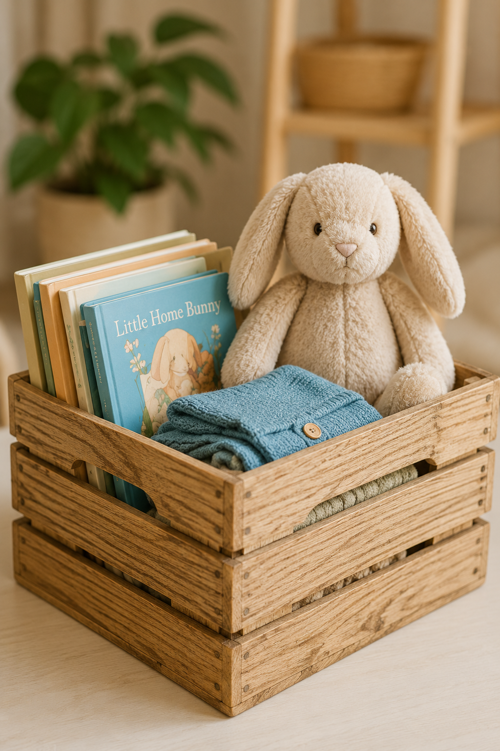 Bunny and books in crate