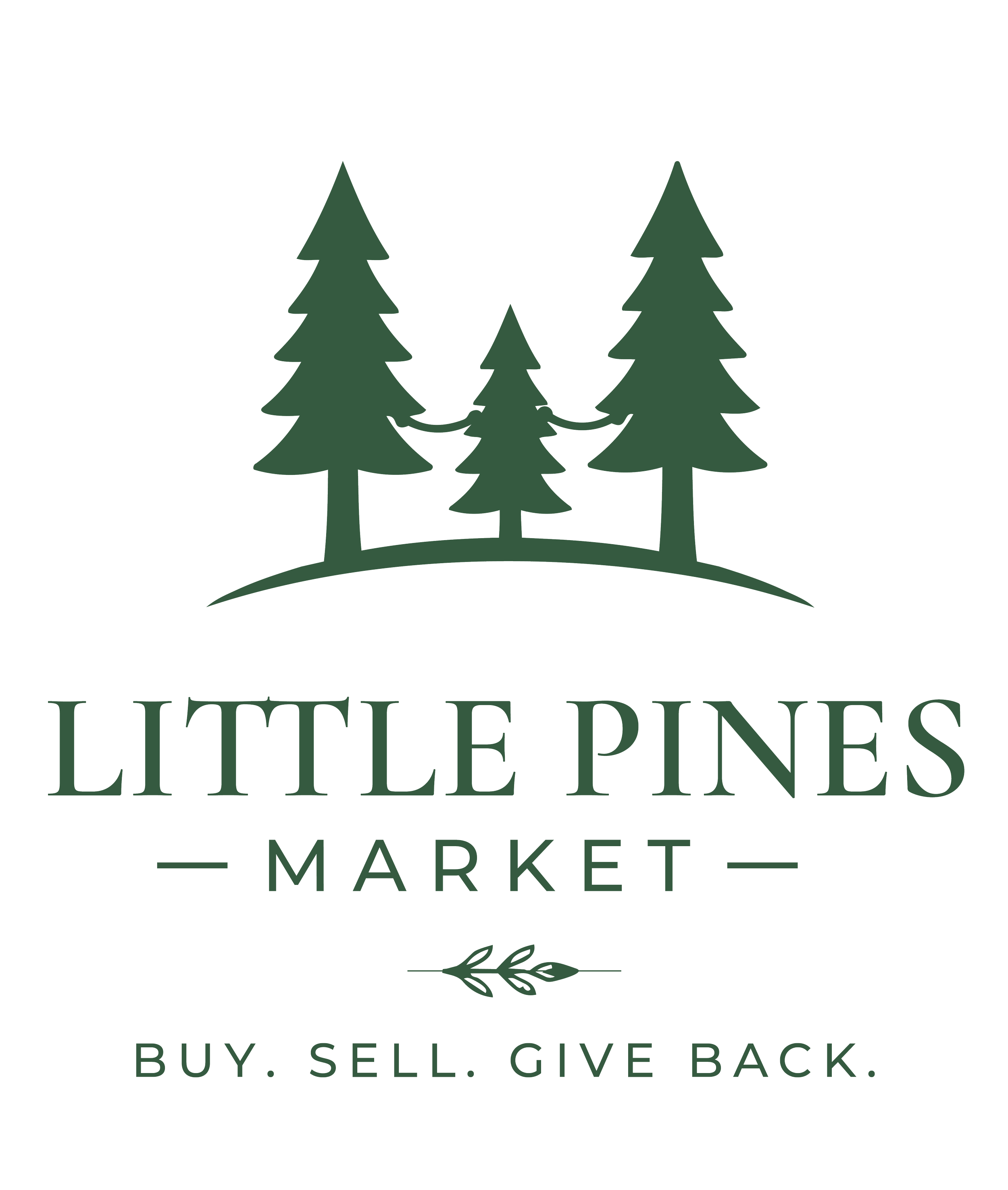 Logo for Little Pines Market featuring four pine trees on a hill, with text 'Little Pines Market' and the tagline 'Buy. Sell. Give Back.'
